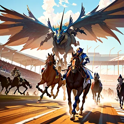 In an ancient colosseum racecourse overtaken by plants, an otherworldly horse race unfolds. Racing at incredible speeds are creatures like Hippogriffs, Pegasi, Unicorns, Bicorne, Centaurs, and Qilin, each carrying vibrant knights, female knights, robed mag...