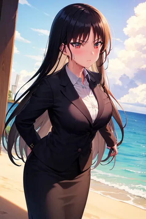 (best quality:1.4), (masterpiece:1.4), 1girl, suzune horikita, suit, office lady, black skirt, black blazer, pencil skirt, white...