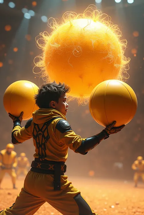 Future Dodgeball Game。A dodgeball player wearing protective gear is holding two golden balls。A dazzling ball。The ball has black hair-like things growing out of it.。A fun atmosphere。