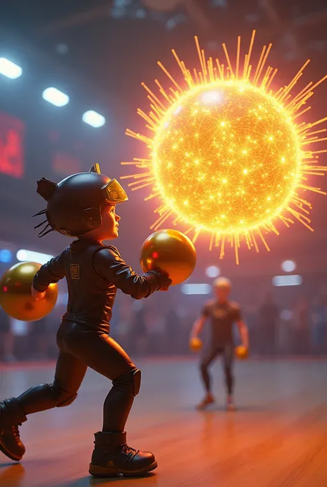 Future Dodgeball Game。A dodgeball player wearing protective gear is holding two golden balls。A dazzling ball。The ball has black hair-like things growing out of it.。A fun atmosphere。