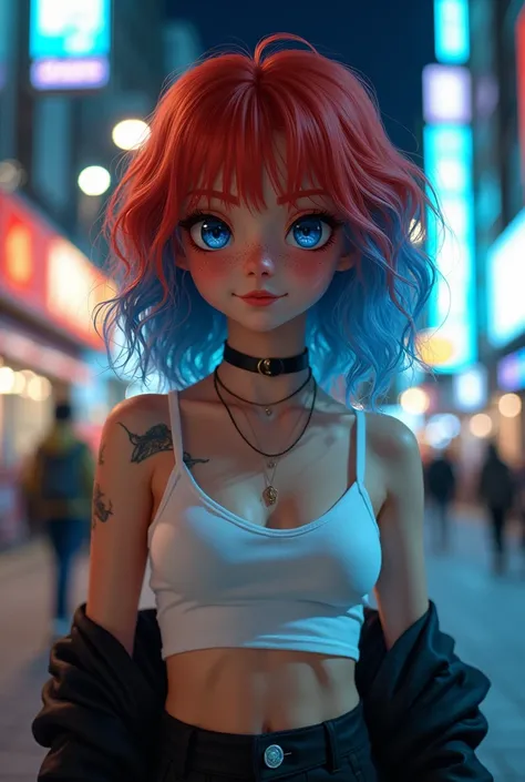 Girl with red Curley hair,gorgeous cute freckles, 1 girl, black_skirt, blue_hair, building, city, cityscape, hair_between_eyes, jacket, looking_at_viewer, long_hair, multicolored_hair, multiple_boys, night, off_shoulder, outdoors, pleated_skirt, road, shir...