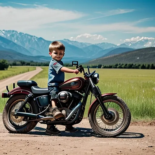 (little boy, looks at the old motorcycle with admiration) harley, in field, On a dirt road, mountains can be seen in the distance