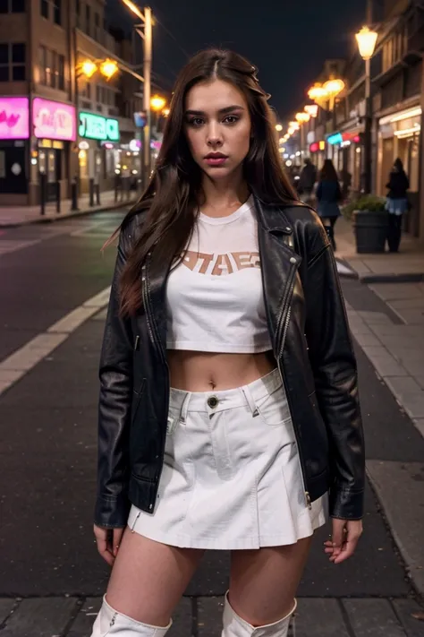 instagram model 2, brunette, long hair, evening, street lit by neon lights, leather jacket, white tee-shirt, denim skirt, high boots, posing against a lit street lamp, cinematic light, movie scene atmosphere.