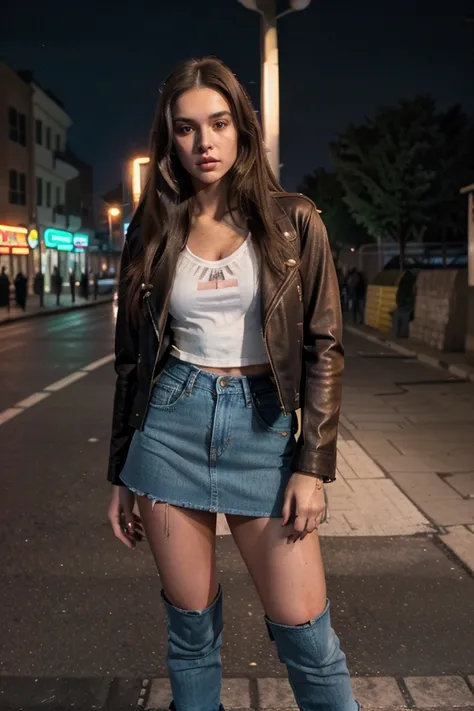 instagram model 2, brunette, long hair, evening, street lit by neon lights, leather jacket, white tee-shirt, denim skirt, high boots, posing against a lit street lamp, cinematic light, movie scene atmosphere.