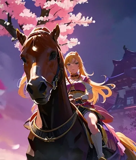 There is a chestnut horse🐎　Blonde woman riding a horse　I ride thoroughbreds🐎　I am surrounded by cherry blossoms at night

