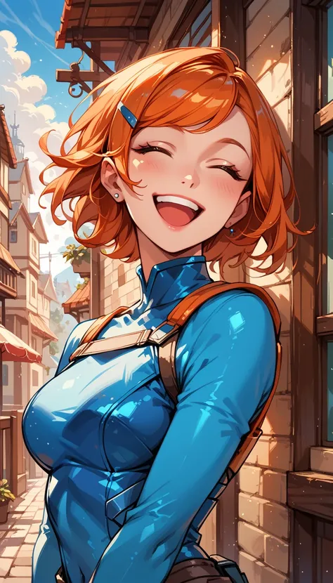 Masterpiece, best quality, 1girl, solo, very sexy GwenTennyson, short orange hair, sideswept bangs, blue hairclip, laughing, blue body armor