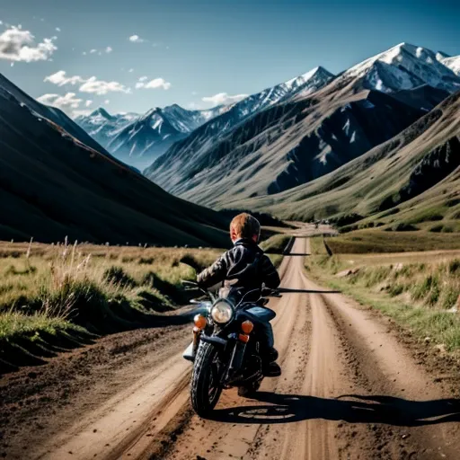 (little boy, with delight (looks from a distance )towards the old motorcycle) in field, On a dirt road, mountains can be seen in the distance