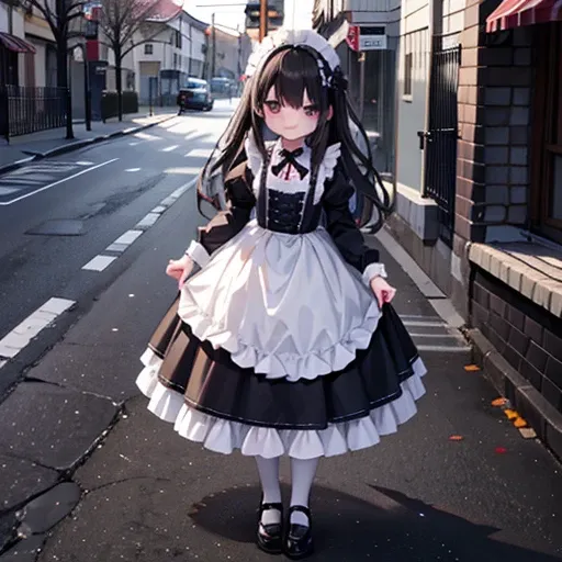 girl with、1 persons、18year old、Dark hair、Black eyes、length hair、A smile、huge smile、Smaller chest、Schools、in a street、natta、Halloween 、maid clothes、fullbody image,大きい胸