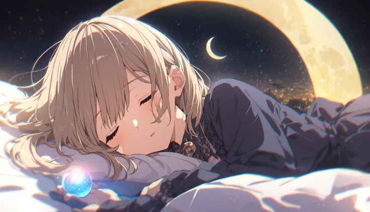 girl, Sleeping on his back with a crescent moon object floating in the night sky, Shining Moon，
High resolution、Detailed face、fine grain、