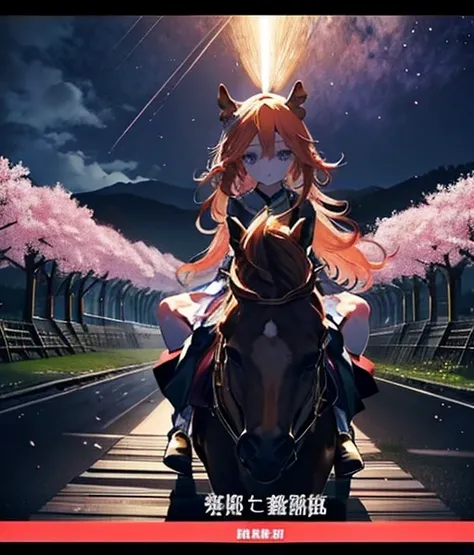 There is a chestnut horse🐎　Blonde woMetersan riding a horse　Riding a thoroughbred🐎　Surrounded by cherry blossoMeterss at night　T.Meters.  (UMetersa MusuMeterse),, alone, boyish, Age 15,Orange Hair,Deep purple eyes,Horse&#39;s ears, Horse tail,sMetersall cr...