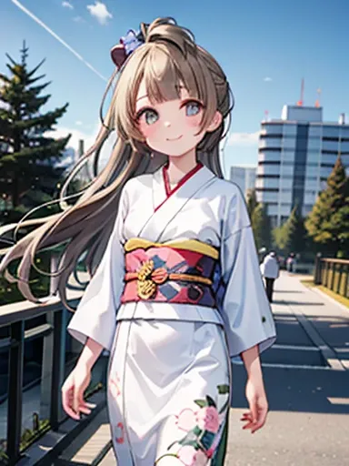 top-quality、anime girl with brown hair and beautiful flowers々Park where flowers bloom Kotori Minami、Arms behind your back、 [3D images:1.15],hight resolution、a park、Best Quality, hight resolutionであり, front-facing view、long hair overall、1girl in, firm face, ...