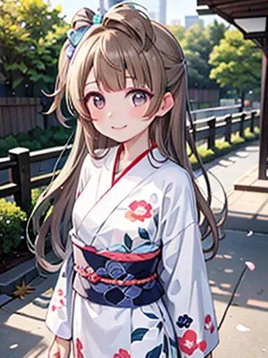 top-quality、anime girl with brown hair and beautiful flowers々Park where flowers bloom Kotori Minami、Arms behind your back、 [3D images:1.15],hight resolution、a park、Best Quality, hight resolutionであり, front-facing view、long hair overall、1girl in, firm face, ...