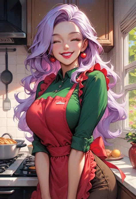 score_9, score_8_up, score_7_up, score_6_up, source_anime, 1girl, solo, valkFr, lavender hair, long hair, green eyes, lipstick, large breasts, red shirt, apron, brown pants, closed eyes, smile, happy, kitchen, looking at you
