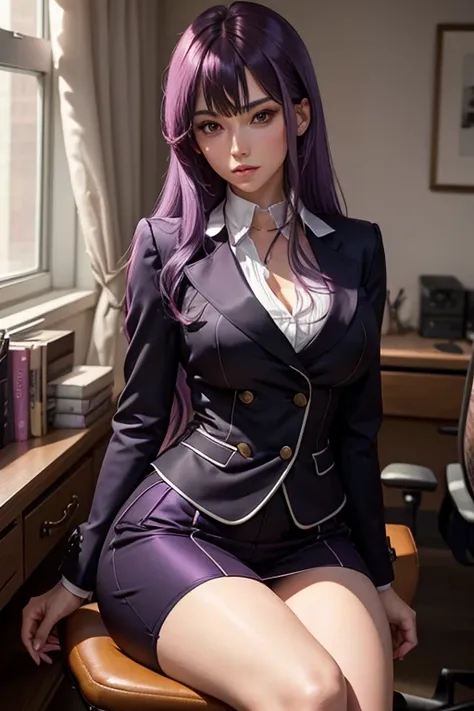 sexy violet locks enpreária sitting cross-legged at her desk athletic body tall slim waist medium breasts medium buttocks long hair pink bangs black and white suit low necklines 