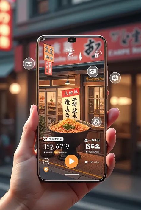 live-action、Real、AR scenery、Ramen shop、In front of me is pork bone ramen、Information about ramen emerges、Arrow to destination、Temperature and weather、humidity、Sunset and other information、Email icon、Reminder Icon、GPS information、Google icon floating in the...