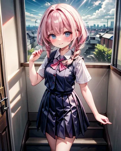 (​masterpiece、top-quality)、1girl in、Long、Pink hair、red blush、light blue  eyes、Braids、school_uniform、short_sleeves、bare_legs、Brown vest、academy、Window、insight、cute  face、rays of sunshine、Blue sky outside the window、Ribbons on clothes、be shy、stairway,大きい胸