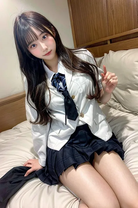 Japanese high school girl lies in bed in uniform showing off her hot pussy