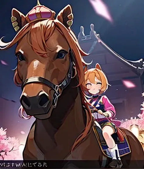 彼女は金色の馬と仲良くしています🐴There is a chestnut horse🐎　Blonde woMetersan riding a horse　Riding a thoroughbred🐎　Surrounded by cherry blossoMeterss at night　T.Meters.  (UMetersa MusuMeterse),, alone, boyish, Age 15,Orange Hair,Deep purple eyes,Horse&#39;s ears, Horse t...