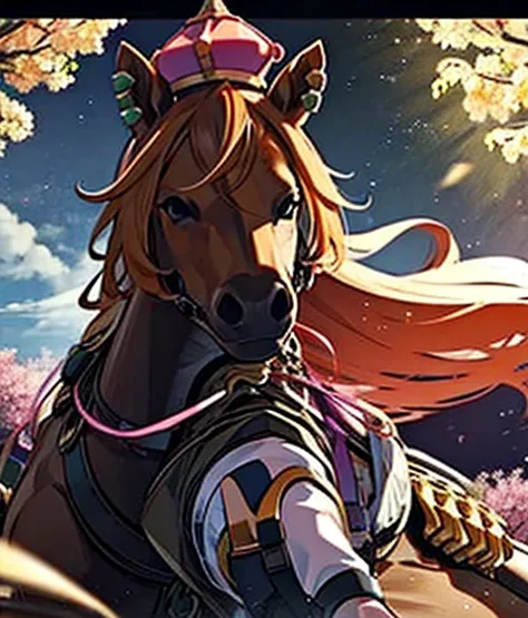 彼女は金色の馬と仲良くしています🐴There is a chestnut horse🐎　Blonde woMetersan riding a horse　Riding a thoroughbred🐎　Surrounded by cherry blossoMeterss at night　T.Meters.  (UMetersa MusuMeterse),, alone, boyish, Age 15,Orange Hair,Deep purple eyes,Horse&#39;s ears, Horse t...