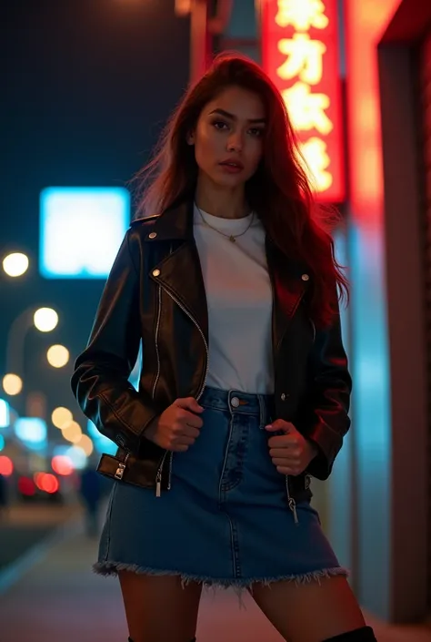 nstagram model 2, brunette, long hair, evening, street lit by neon lights, leather jacket, white tee-shirt, blue denim skirt, high black boots, posing against a lit street lamp, cinematic light, movie scene atmosphere.