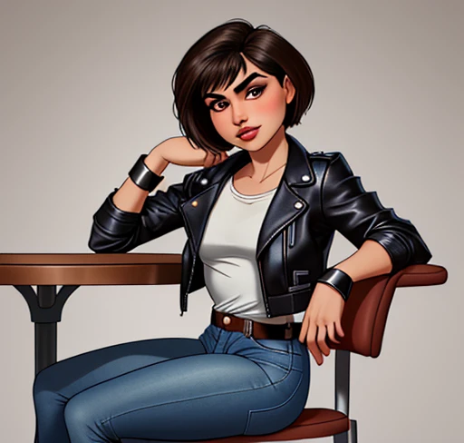 Armenian girl short stature, 1, sharp face
, with short hair , with brown eyes, sits on a chair, wearing a leather jacket with cuffs and elastic at the bottom and blue jeans 