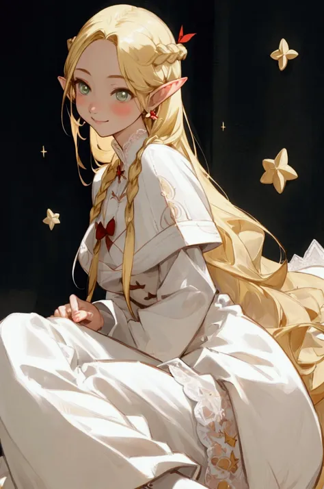 高いquality illustration, masterpiece, Very delicate and beautiful, masterpiece, Best Quality, High resolution, Very detailed, Perfect lighting、(1 female)、Blonde、elegant, Pointed Ears ，Waist-length hair，smile，Star decoration，White lace socks，Thorn，rose，Silve...