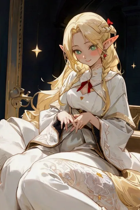 高いquality illustration, masterpiece, Very delicate and beautiful, masterpiece, Best Quality, High resolution, Very detailed, Perfect lighting、(1 female)、Blonde、elegant, Pointed Ears ，Waist-length hair，smile，Star decoration，White lace socks，Thorn，rose，Silve...