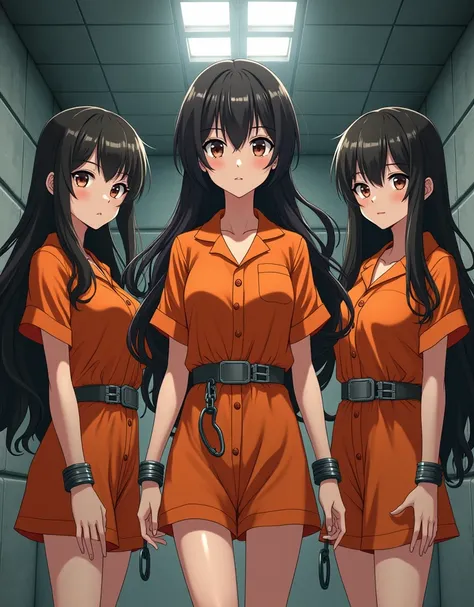 Three anime beauties wearing orange prison uniforms, vests, orange prison pants, shorts, iron pants, handcuffs on their hands, shackles on their feet, and shackles on their necks and necks are standing in a prison cell. Front view of bare feet with long ha...