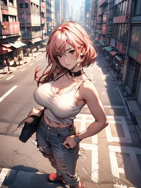 ((Giantess:1.1)), one woman, Highly detailed face, (GTS), (Giant, aerial angle:1.1, 50m tall:1.1), Pink short hair, (wearing denim short  pants, white tank top, Tank top with a "UMIQLO" red logo on a white background, Black choker), ((city:1.1)), small peo...