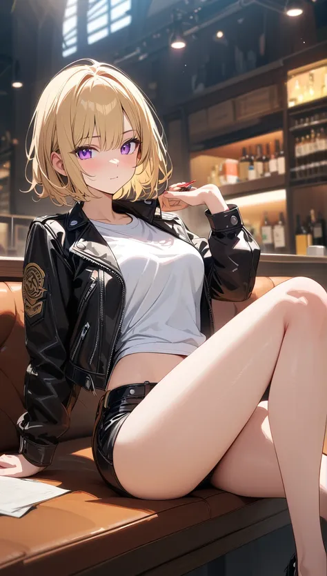 (Top quality masterpiece:1.5), Very detailed, High resolution, 8k, Beautiful details, High resolution, 1 cute girl, Blonde, Purple eyes, Medium Breasts,whole body, Black leather jacket, Short Hair, Clear, Hot pants, Thighs, chest, White T-shirt, ジーパンよHot p...