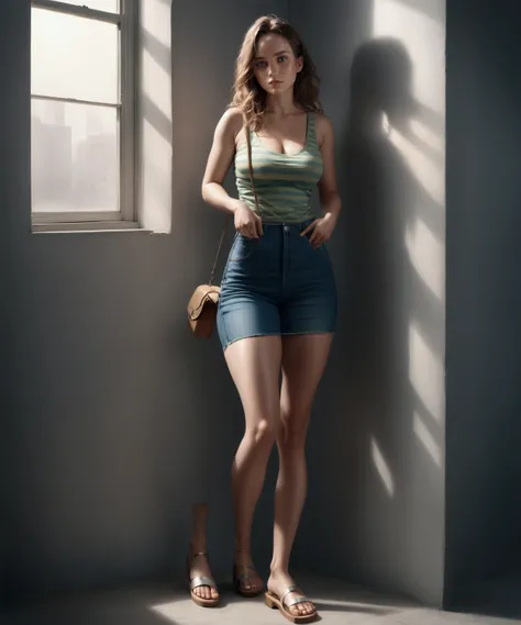 young woman, is walking alone, white van on background, she has brown long wavy hair (+forehead), wearing denim waistcoat (+open waistcoat), white and green striped tank top (+loosed tank top), denim pencil mini skirt,white heel sandals, beige hand bag, BR...