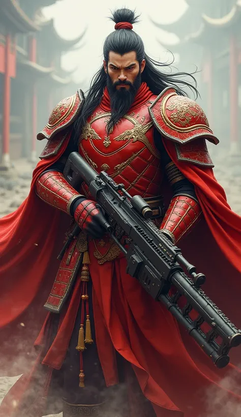 Wind，A Chinese male god of war,Long flowing hair with bangs,Perfect body，Red Chinese armor，cloak,Holding a war gun，Keep your eyes on the front side