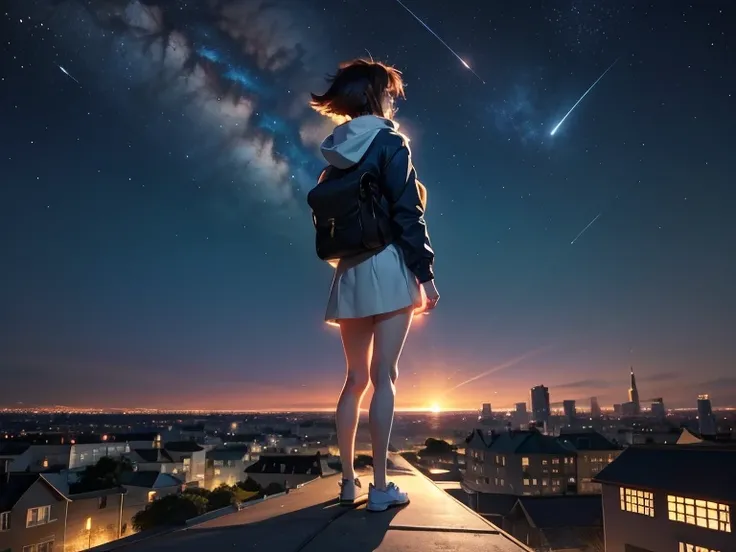 Anime girl standing on a rooftop looking at the starry night sky, Anime Wallpaper 4k, Anime Wallpaper 4 k, 4k Anime Wallpaper, anime art wallpaper 8k, anime art wallpaper 4k, anime art wallpaper 4k, Anime Style 4k, Makoto Shinkai Cyril Rolland, 4K Manga Wa...