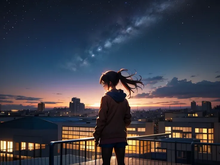 Anime girl standing on a rooftop looking at the starry night sky, Anime Wallpaper 4k, Anime Wallpaper 4 k, 4k Anime Wallpaper, anime art wallpaper 8k, anime art wallpaper 4k, anime art wallpaper 4k, Anime Style 4k, Makoto Shinkai Cyril Rolland, 4K Manga Wa...