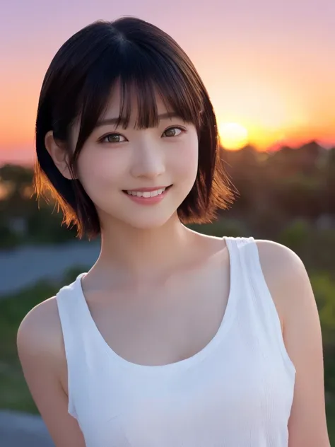 masterpiece, Best Quality, One Woman, (RAW Photos, Best Quality), (reality, Realistic:1.4), Clean look、Iris、Very detailed eyes and face, Beautiful and detailed nose, beautiful eyes, Perfect Anatomy, Black short hair、bangs、Orange tank top, Shorts、Mid-chest、...