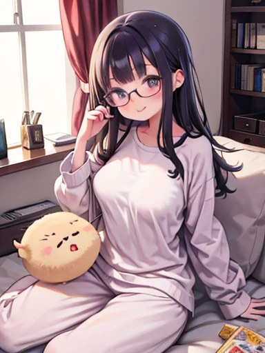 One girl,Ultra-fine illustrations,masterpiece,highest quality、relax in the room、Cute room、Eating potato chips、smile、juice、Sitting on the floor、cushion、carpet、Glasses、Are fat、Chubby、In pajamas、Big Breasts、