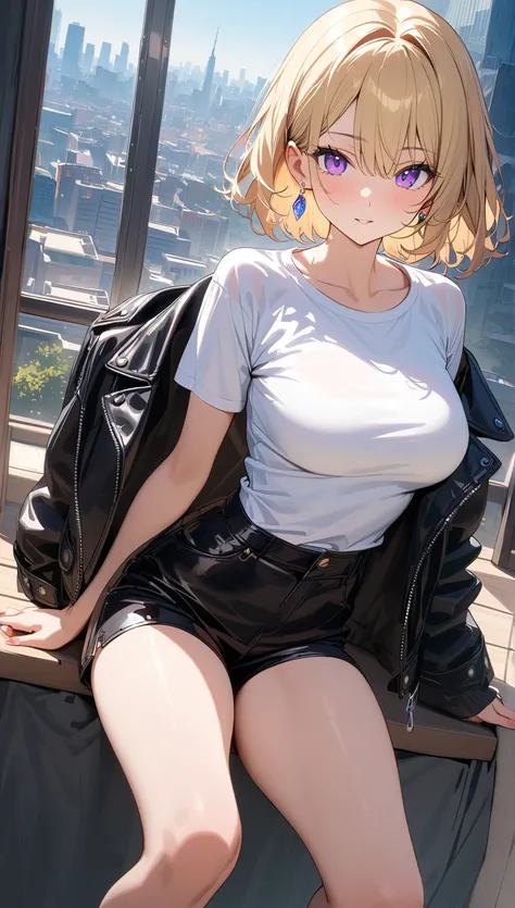 (Top quality masterpiece:1.5), Very detailed, High resolution, 8k, Beautiful details, High resolution, 1 cute girl, Blonde, Purple eyes, Medium Breasts,whole body, Black leather jacket, Short Hair, Clear, Hot pants, Thighs, Big Breasts, White T-shirt, City...