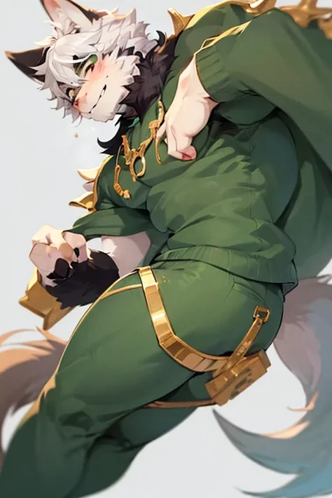 An Anime style Top Body and Right Side Body Picture of A Very Muscular Kemono Furry Style Gray Wolf. He is wearing A Dark Green Soldier Outfit. His one hand is together above his head while his another. The background is white. He have Gray messy and spike...