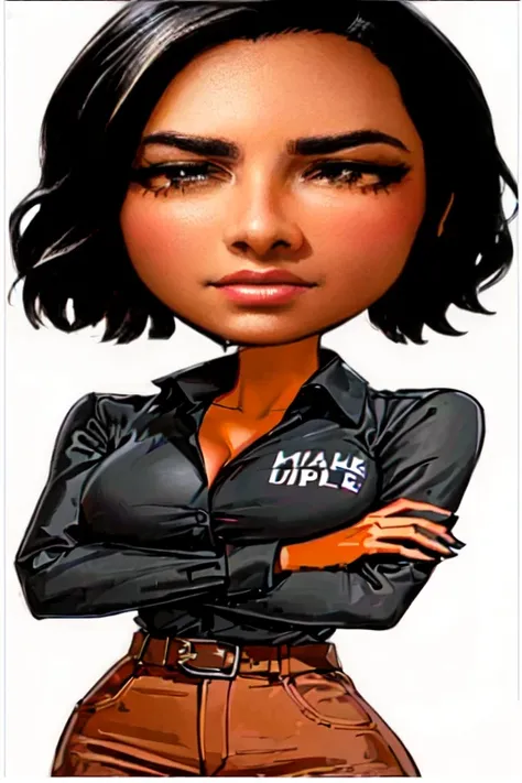 a cartoon drawing of a woman with a black shirt and brown pants, illustration sharp, sharp illustration, sharp high quality artwork, very sharp likeness, sharp foccus ilustration hq, illustration sharp detail, sharp detailed, caricature style, sharp high d...