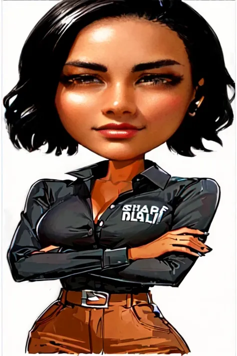 a cartoon drawing of a woman with a black shirt and brown pants, illustration sharp, sharp illustration, sharp high quality artwork, very sharp likeness, sharp foccus ilustration hq, illustration sharp detail, sharp detailed, caricature style, sharp high d...