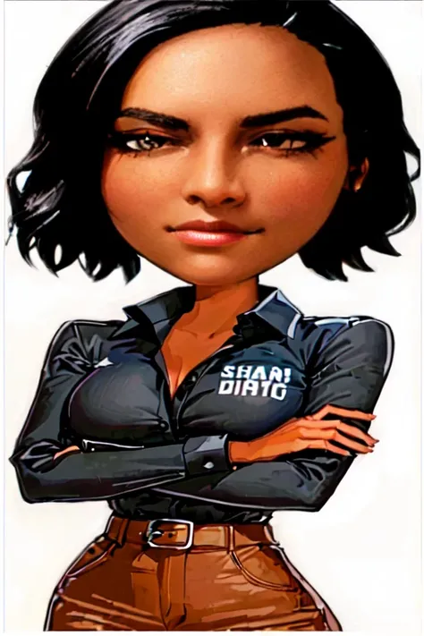 a cartoon drawing of a woman with a black shirt and brown pants, illustration sharp, sharp illustration, sharp high quality artwork, very sharp likeness, sharp foccus ilustration hq, illustration sharp detail, sharp detailed, caricature style, sharp high d...