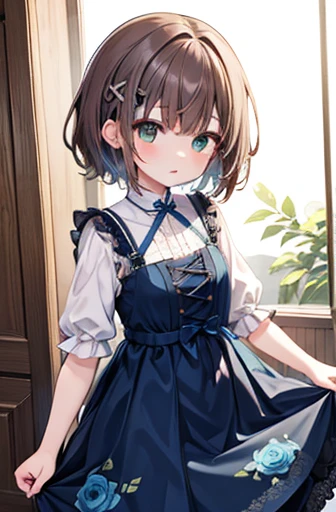 Sasanami Shoko, Valvrabe, hair clips, Blue roses, Dress, Lace dress, Brown hair, Green eyes, Short hair,大きい胸