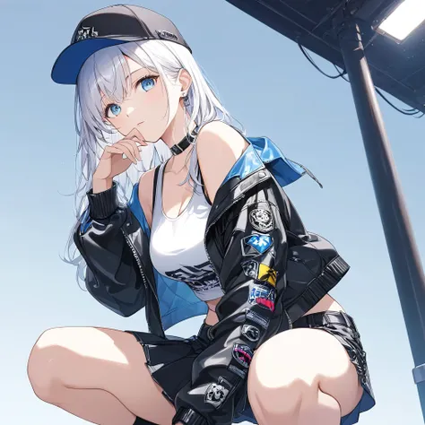 anime style,one woman,wear a cap,white hair,lob hair,blue eyes,shining eyes,緑にshining eyesのハイライト,like sapphire punk rock outfit,...