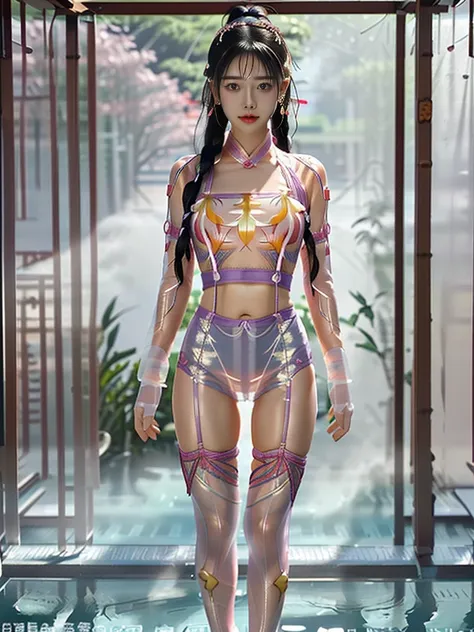 ((a woman)), 美丽脸庞的sexy中国华裔女明星, wearing red strappy bikini underwear, wearing pink transparent clothes, (((light theme, exposing ...