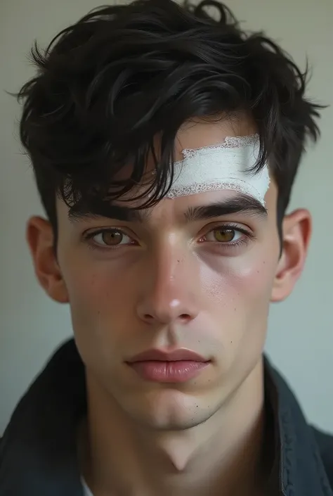 Realistic image of a twenty-one-year-old American young man, with poliosis. So his eyebrow is white. brown eyes, pale skin, Short black hair with a white lock that falls on his forehead. handsome. He&#39;s been through a lot of bad things. He has a sad loo...