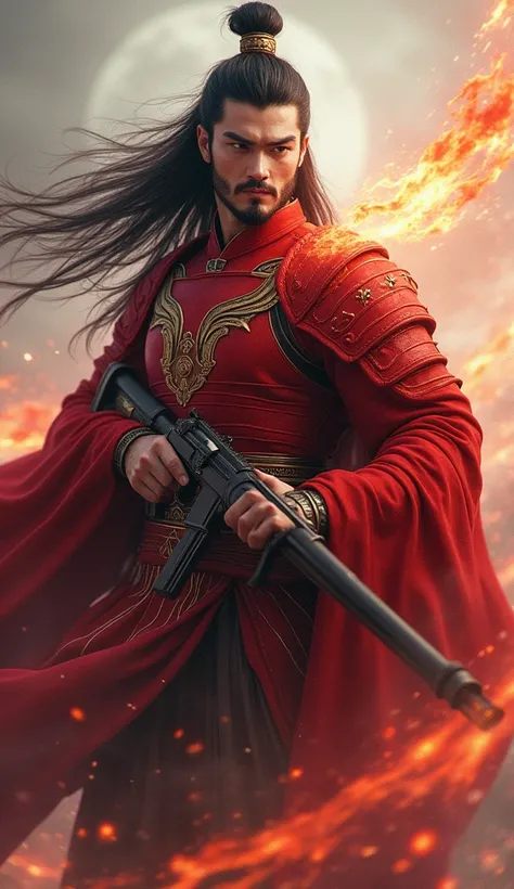 Wind，A Chinese male god of war,Long flowing hair with bangs,Perfect body，Red Chinese armor，cloak,Holding a war gun，Keep your eyes on the front side，magic effects shots