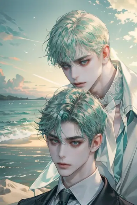 (Masterpiece), (Best Quality), Very detailed, (( two pale male )), Perfect Face, Beautiful Face, Very detail, (Aqua-haired man and blonde-haired man)、stunning, beach, cold Expression, formal white shirt, cold shadow, not facing each other