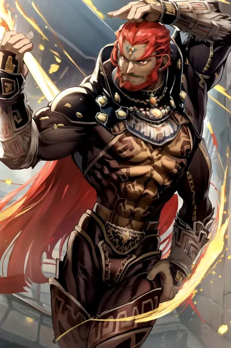 masterpiece最high quality, one person, ganondorf, redhead, long hair, beard, red eyes, green skin,((very strong body)),very muscu...