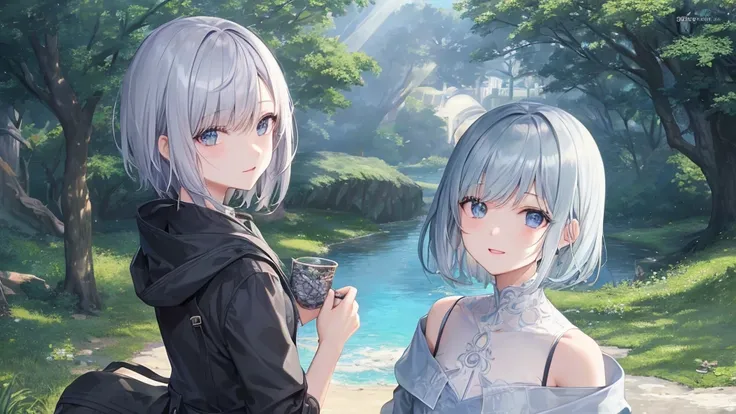 Ultra HD,Look at the viewers, and, 20 years old, 非常にShort Hair, Long bangs between the eyes, Pale blue eyes, Very detailed,(masterpiece、Best Quality),Gray Hair、Laughter、wonderful, Silver Hair, iris, Short Hair、Small face、明るいsmile、(Detailed face) ,Professio...