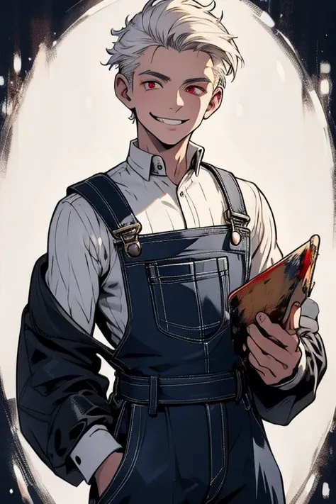 Perfect face. Perfect hands. A young white haired man with red eyes in overalls is painting in a Gothic studio with a big smile